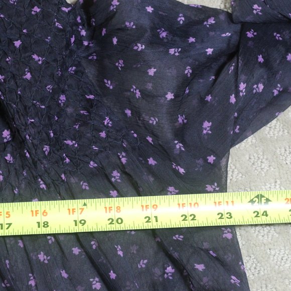 French Connection Size XS Sheer Navy Blue Patterned and Smocked Blouse - Picture 4 of 6